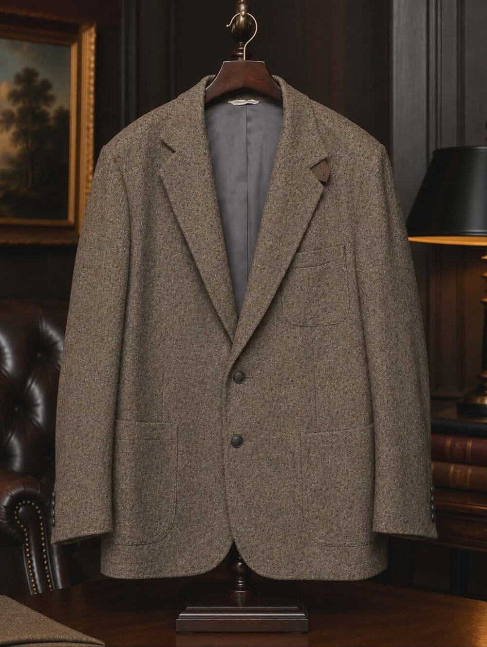 Hunt Club 100% Virgin Wool Sport Coat Blazer 46L Brown Tweed Elbow Patches USA